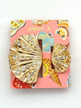 Piper K Gold Seashell Hair Claw Clip Duo (Large & Mini) Set w/ Rhinestones